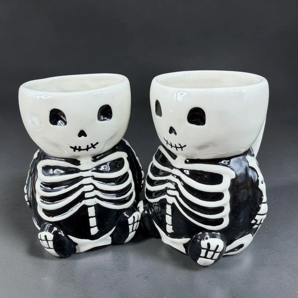 Pottery Barn Skeleton Mugs Set of 2 Black White Ceramic Halloween Coffee Cups